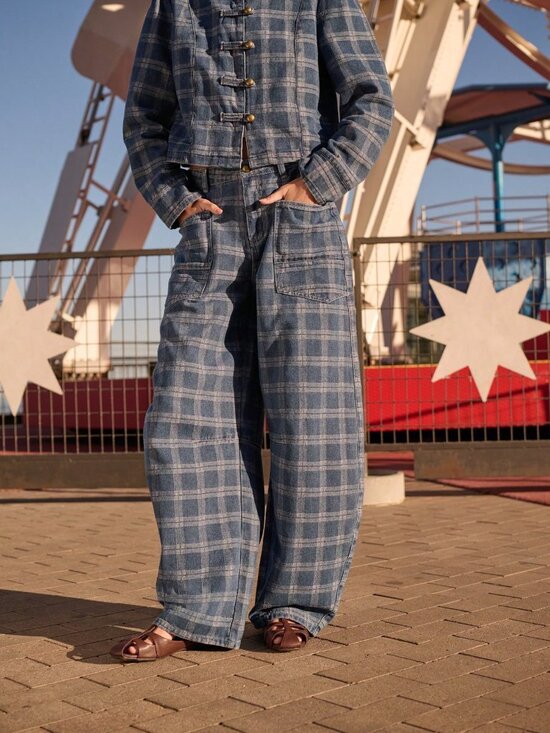 MODA ME COUTURE Denim - Blue Casual Women's Pladed Barrel-Leg Zip Fly Trousers